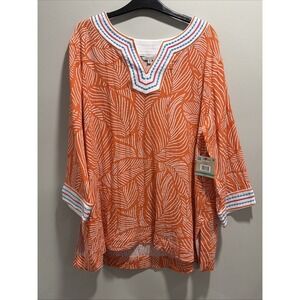 John Mark NWT OX Orange and White Leafy Print V Neckline Tunic Top Size